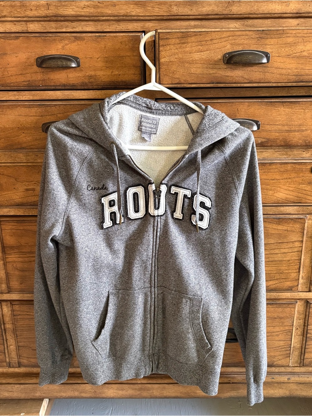 Roots Gray Hooded Zip-Up Sweatshirt with logo